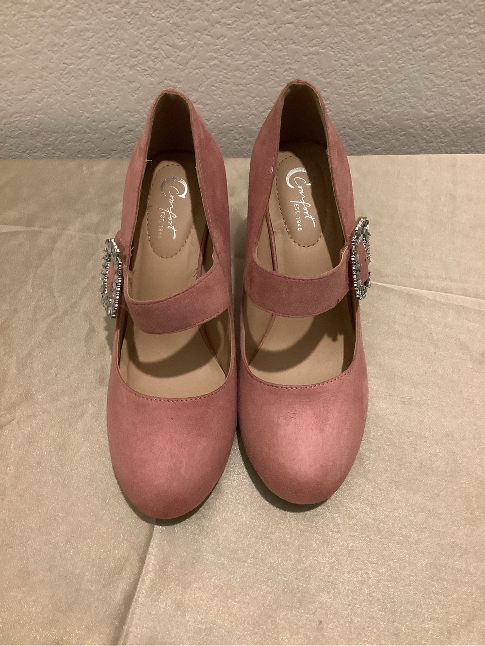 Pink Suede Mary Jane Pumps with Rhinestone Buckle Size 7